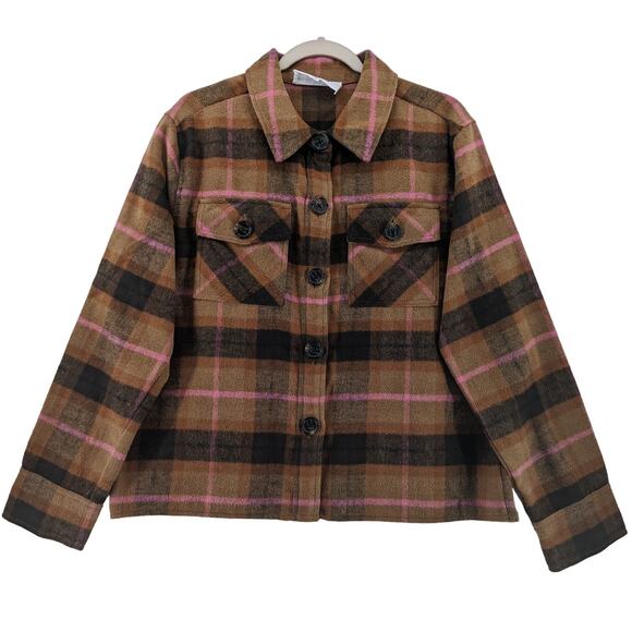 BB Dakota Steve Madden Boxy Plaid Shacket L Brown Womens Layering Shirt Jacket - Picture 1 of 12